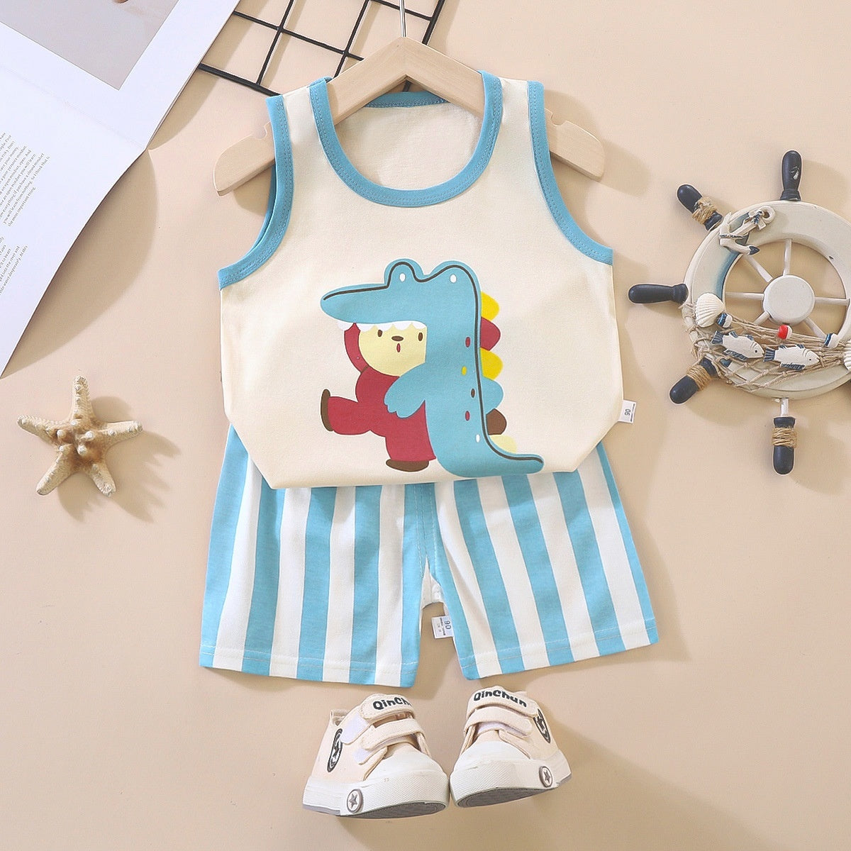 Unisex Kids Cotton Cartoon Vest Set Regular Fit Summer