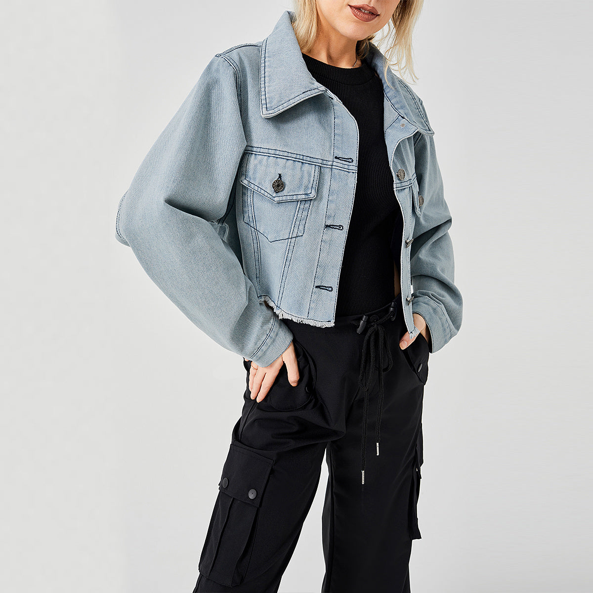 Unisex Raw Edge Relaxed Denim Jacket with Retro Style