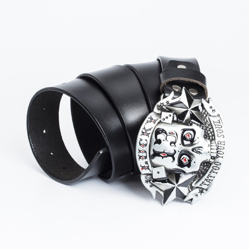 Genuine Leather Skull Belt – Smooth Buckle, Alloy Hardware