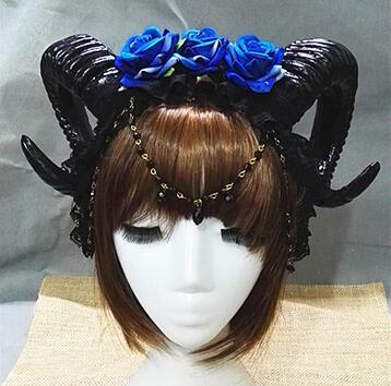 Three Roses Headband Halloween Vampire Demonsheep Horn Veil Hair Accessories