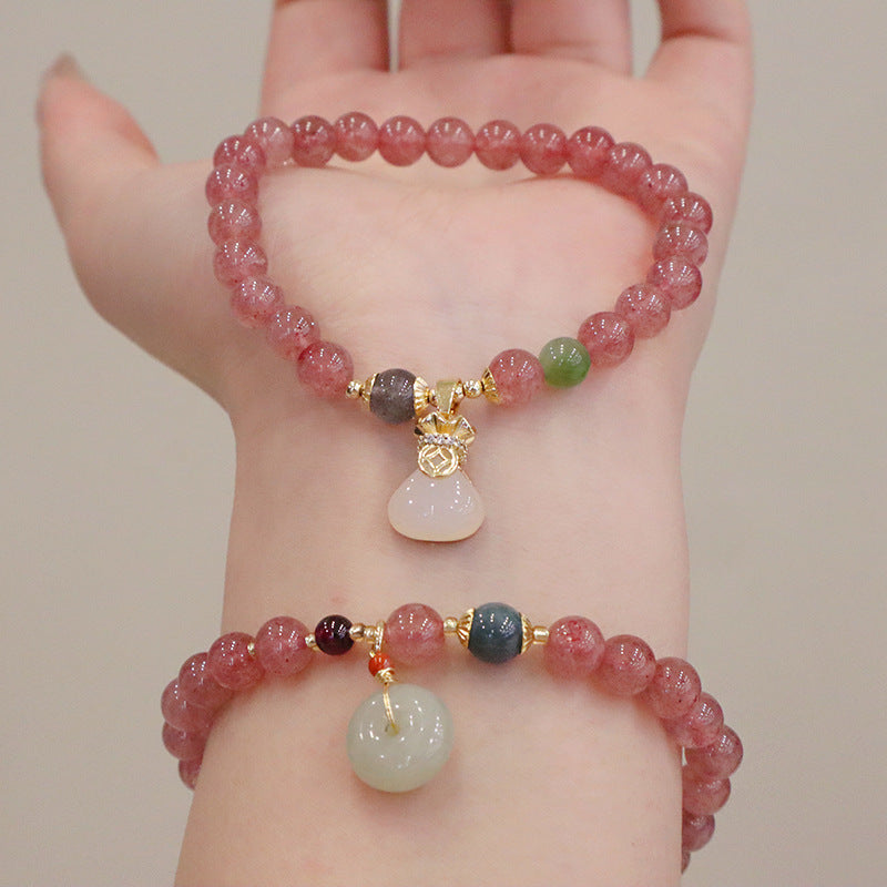 New Chinese Natural Strawberry Quartz Purse Hetian Jade Bracelet