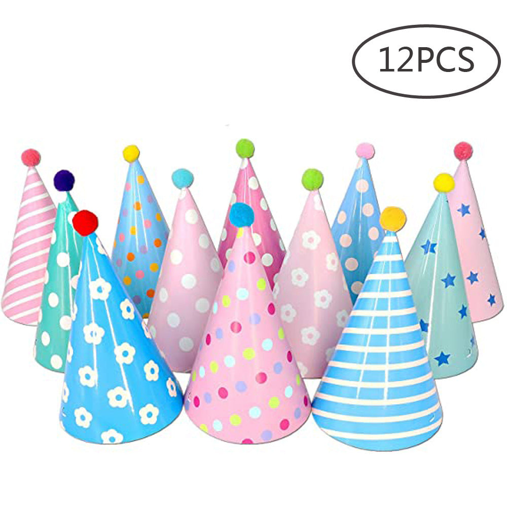 Set of 12 Colorful Paper Party Hats with Pompoms and Elastic Ropes