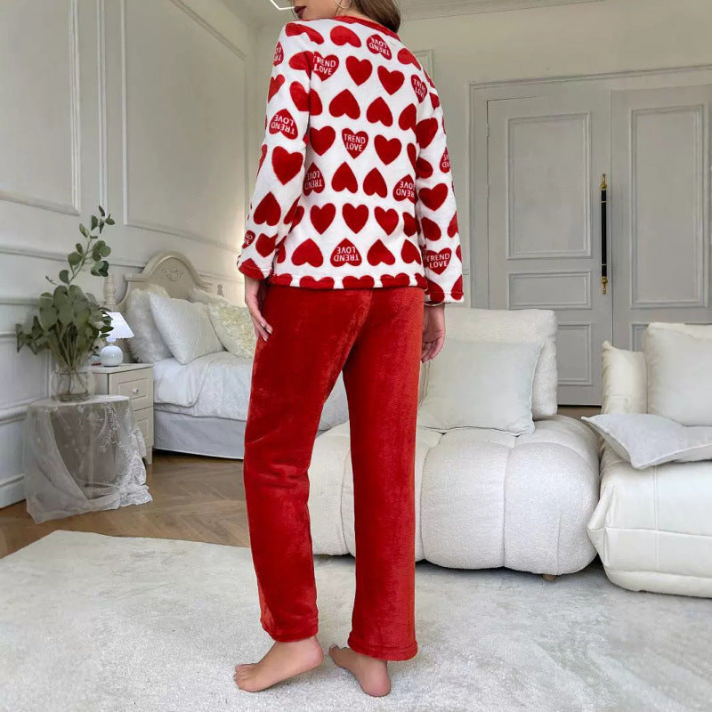 Unisex Flannel Pajama Set Thickened Red Polyester Sleepwear
