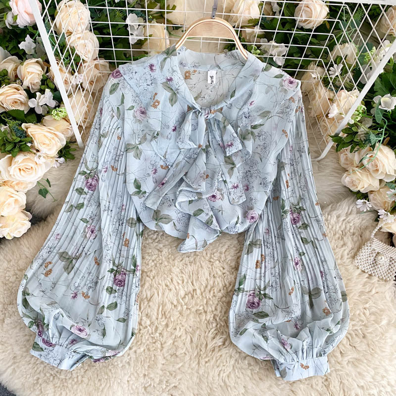 French Retro Girly Age-reducing Blouse Women V-neck Bow Tie Lantern Long-sleeved Pure Printed Western Style Shirt Women
