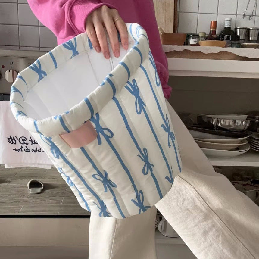 Bow Quilted Fabric Round Storage Basket