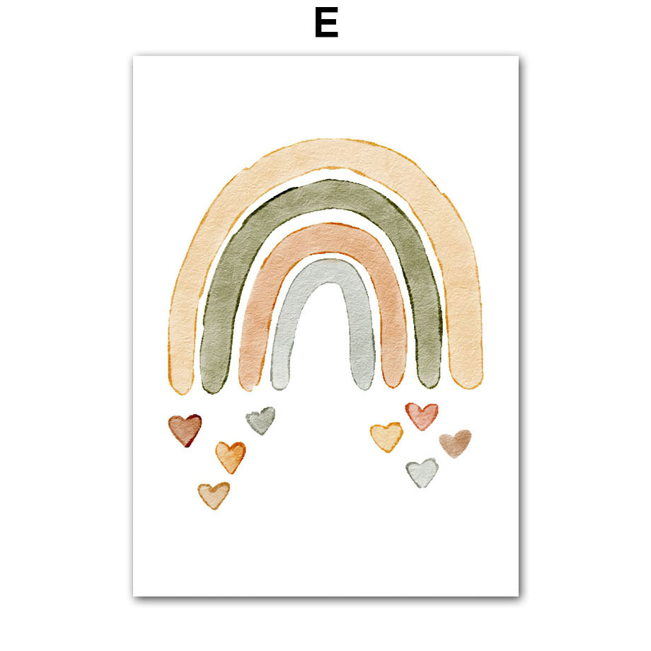 Bohemian Nursery Wall Art – Cartoon Bear, Rabbit, Alpaca, Rainbow & Sun Canvas Painting