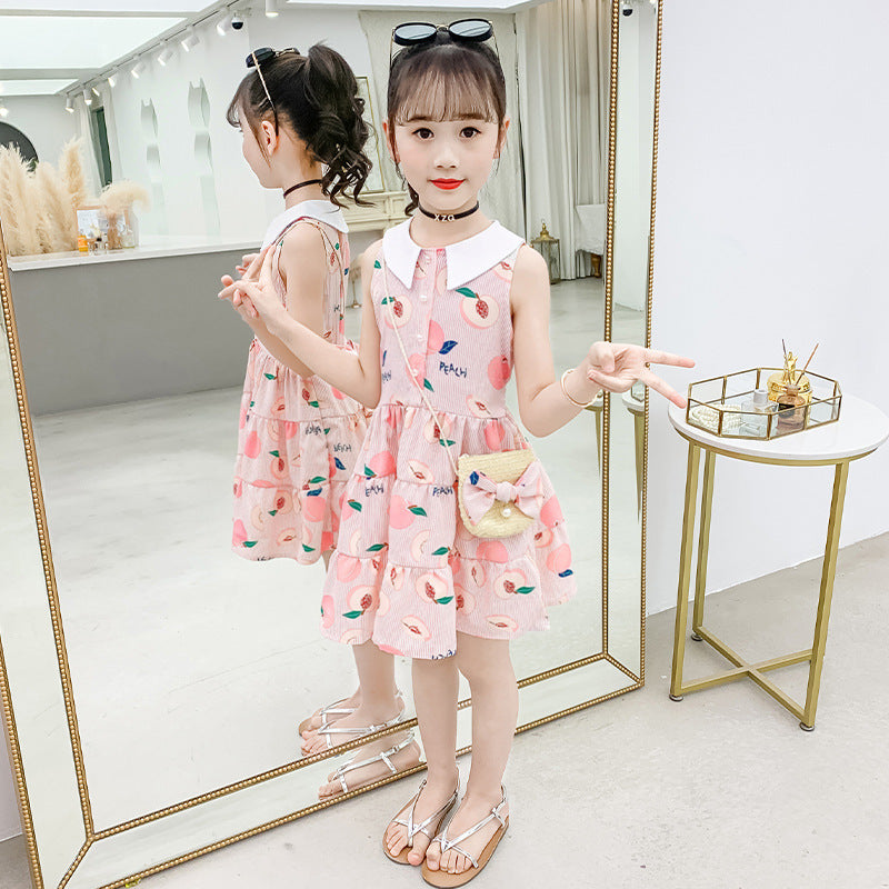 Cute Printed Floral Dress Doll Collar Sleeveless Princess Dress