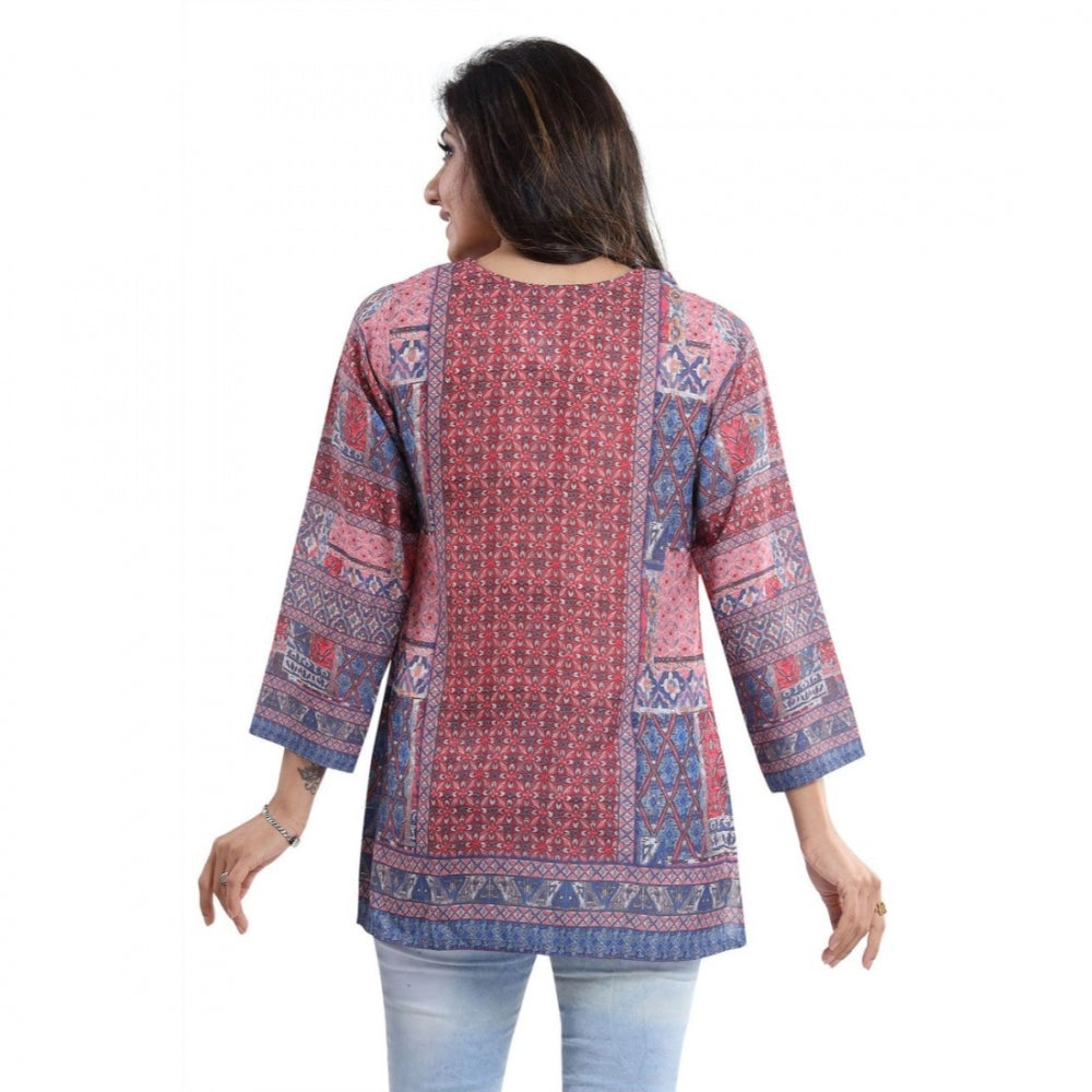 Generic Women's Quarter Sleeve Faux Crepe Printed Short Kurti Tunic Top (Color:Multicolor)