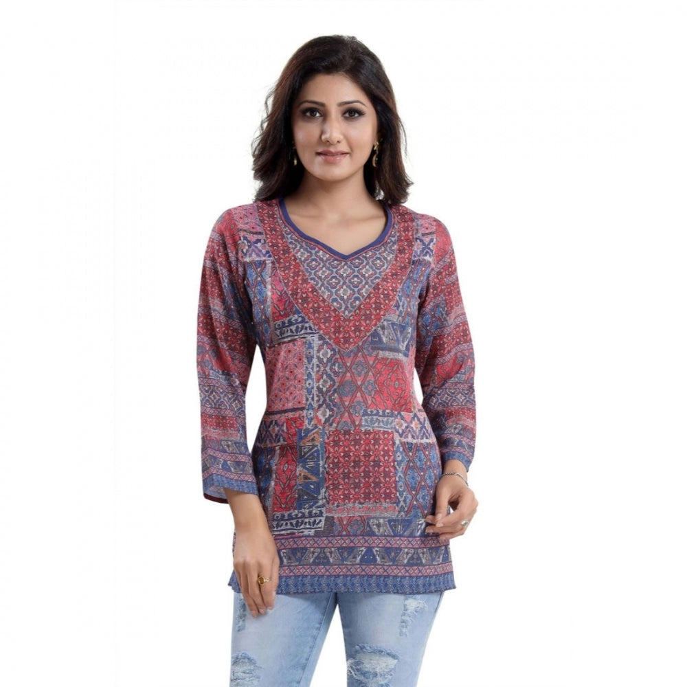 Generic Women's Quarter Sleeve Faux Crepe Printed Short Kurti Tunic Top (Color:Multicolor)