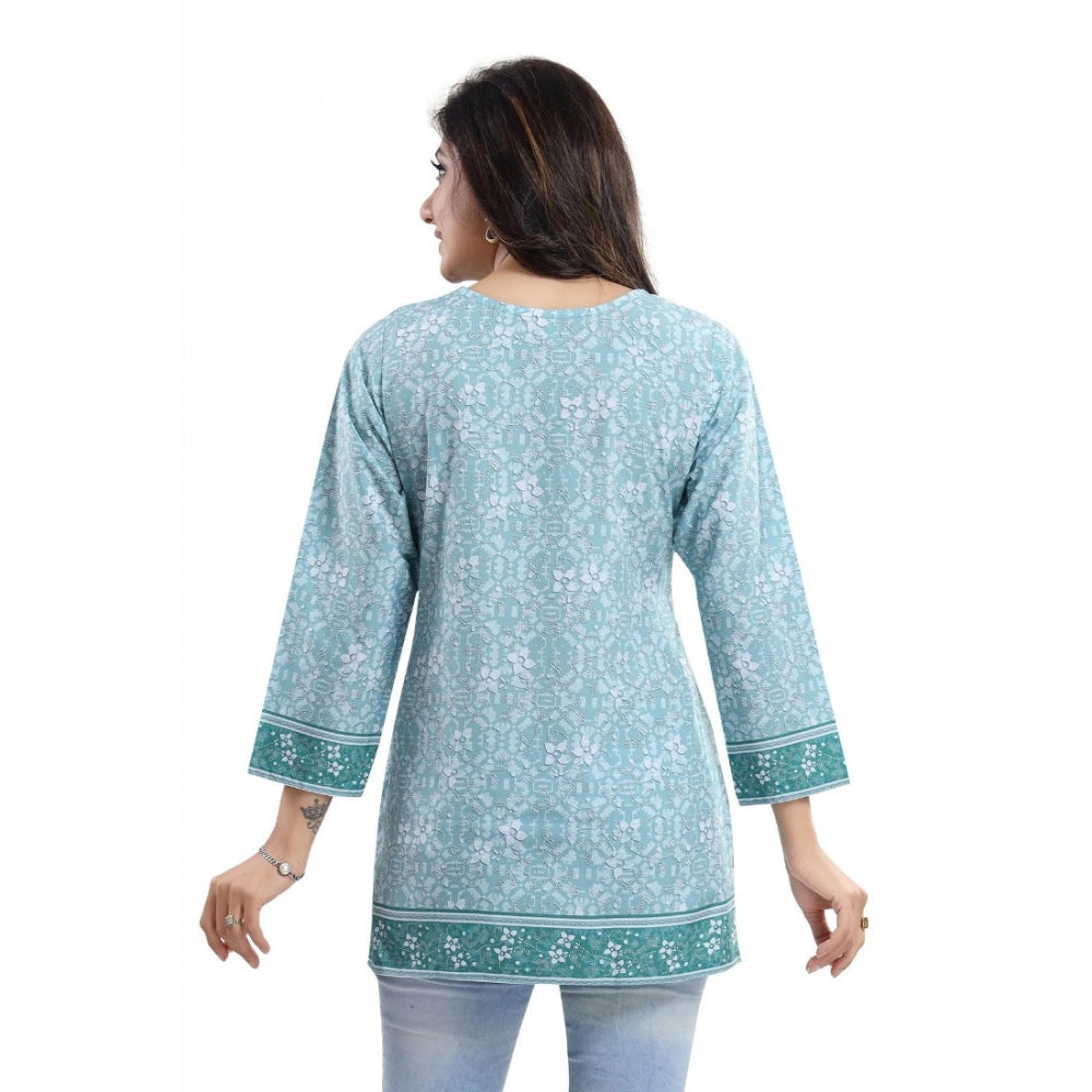 Generic Women's Quarter Sleeve Faux Crepe Printed Short Kurti Tunic Top (Color:Blue)