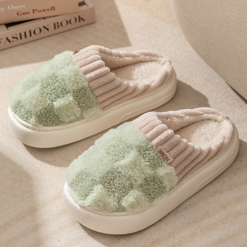 Women’s Plaid Plush Slippers – Indoor Warm Non-Slip Thick Sole Home Shoes Autumn Winter
