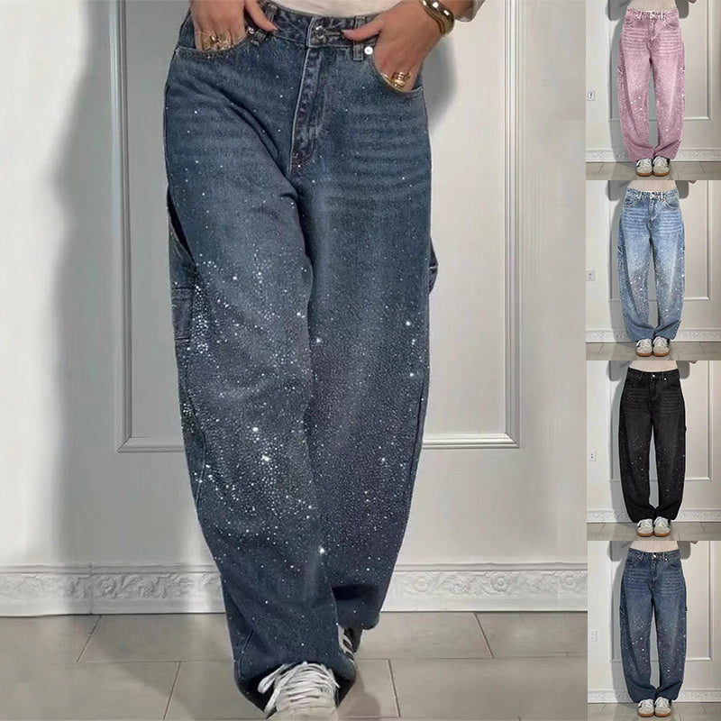 Womens Shiny Straight Denim Jeans Loose Wide Leg Relaxed