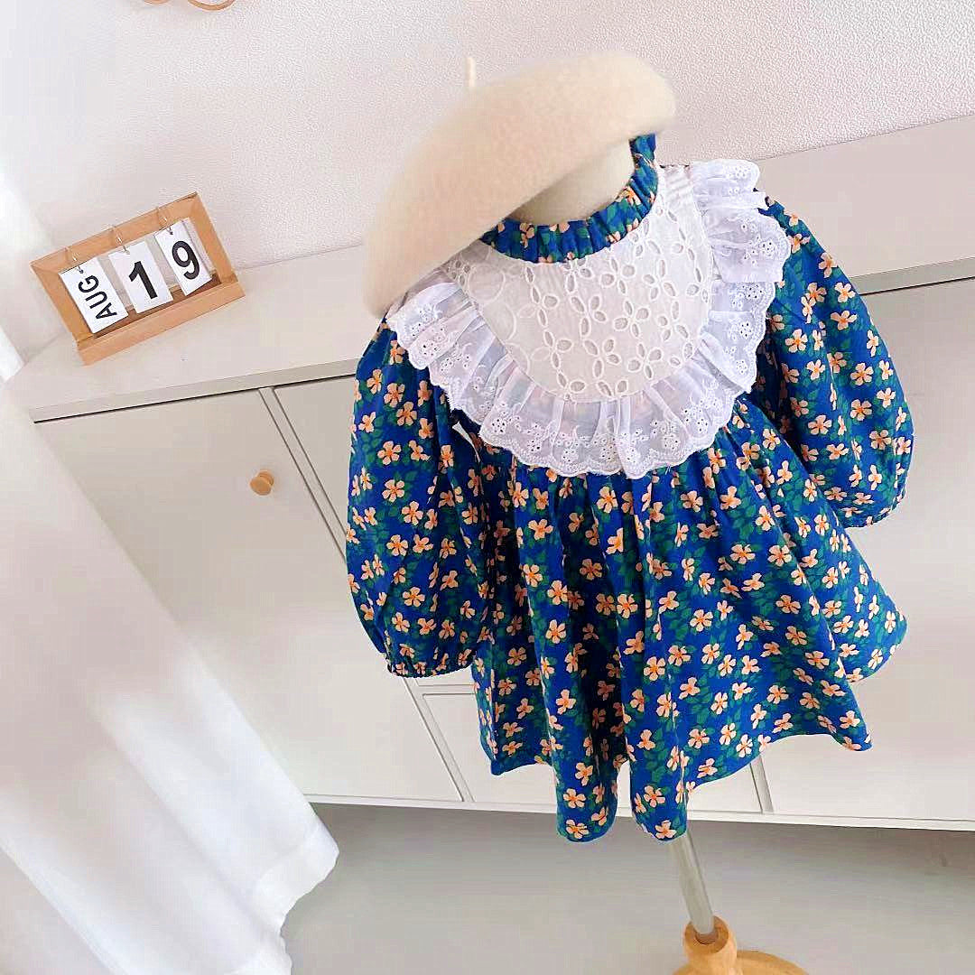 Navy Blue Floral Long Sleeve Dress With Lace Bib