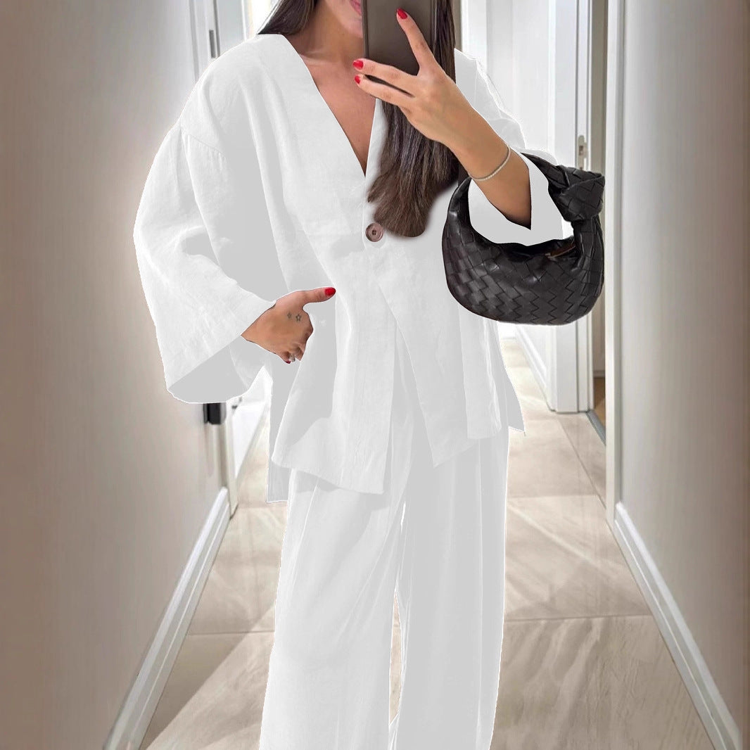 Women's Solid Color Casual Fashion Cardigan Top And Trousers