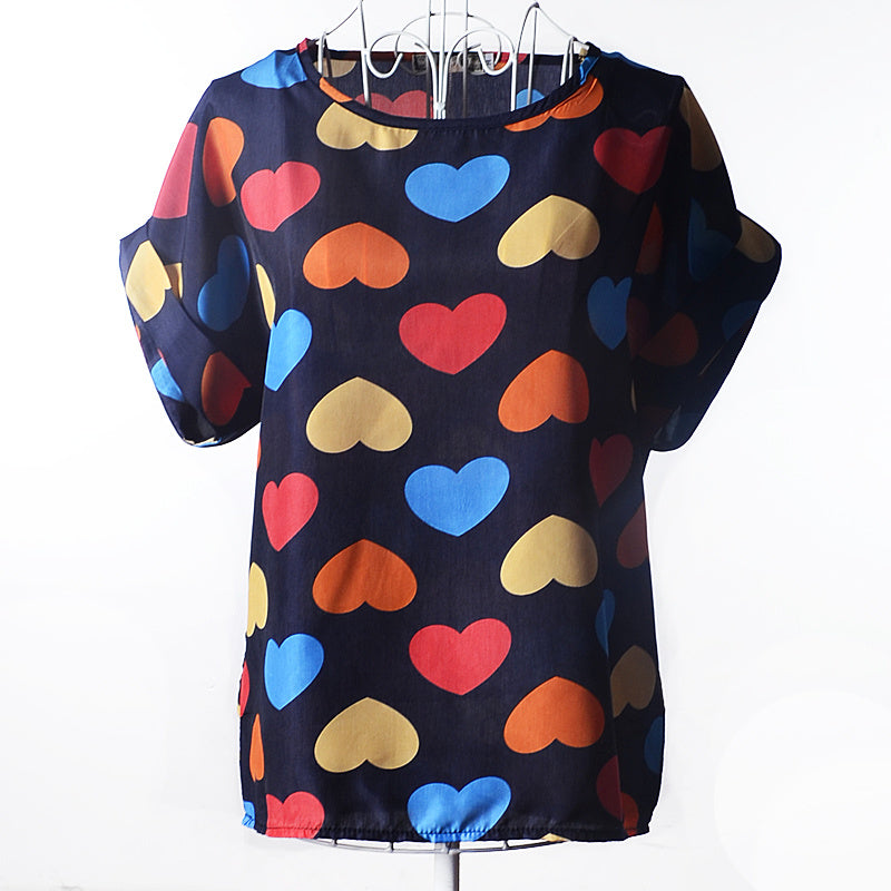 USA Size Loose Fit Chiffon Shirt – Short Sleeve Printed Blouse for Women (Plus Size)