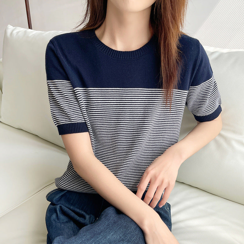 Fashion Striped Cotton Knitted T-shirt For Women