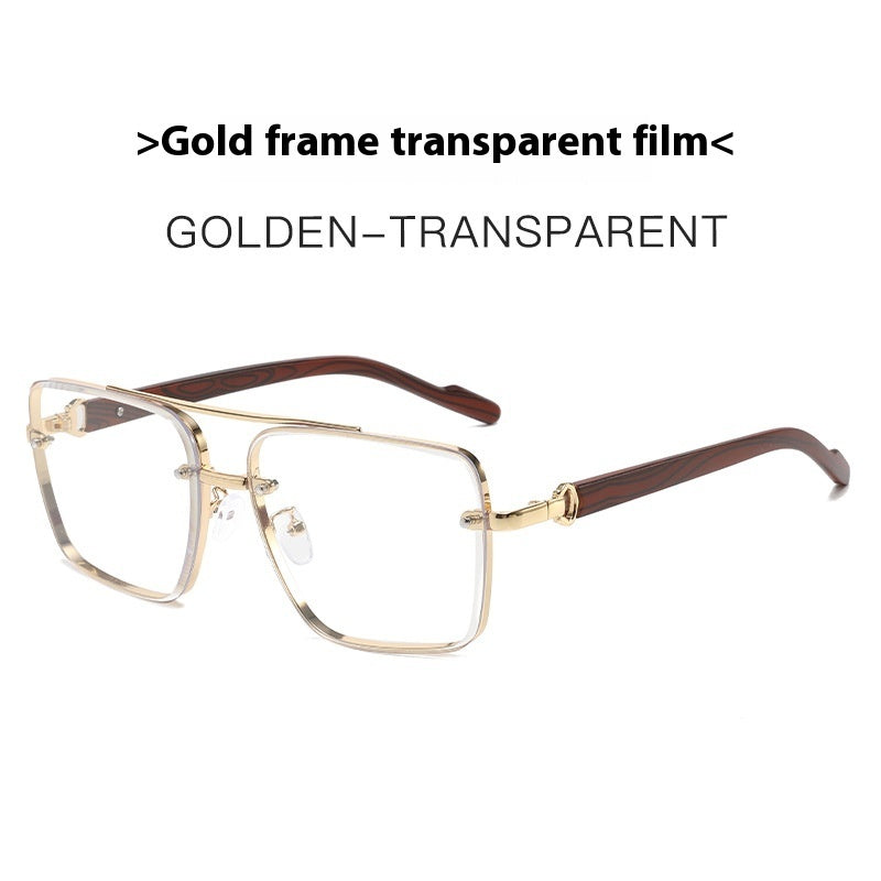 Metal Double Beam Frame Wood Grain Sunglasses