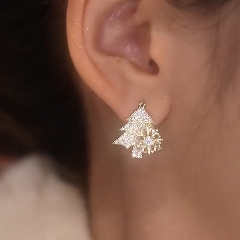 Rotatable Christmas Tree Earrings with Rhinestone Snowflake Studs Holiday Festival Jewelry Gifts for Women