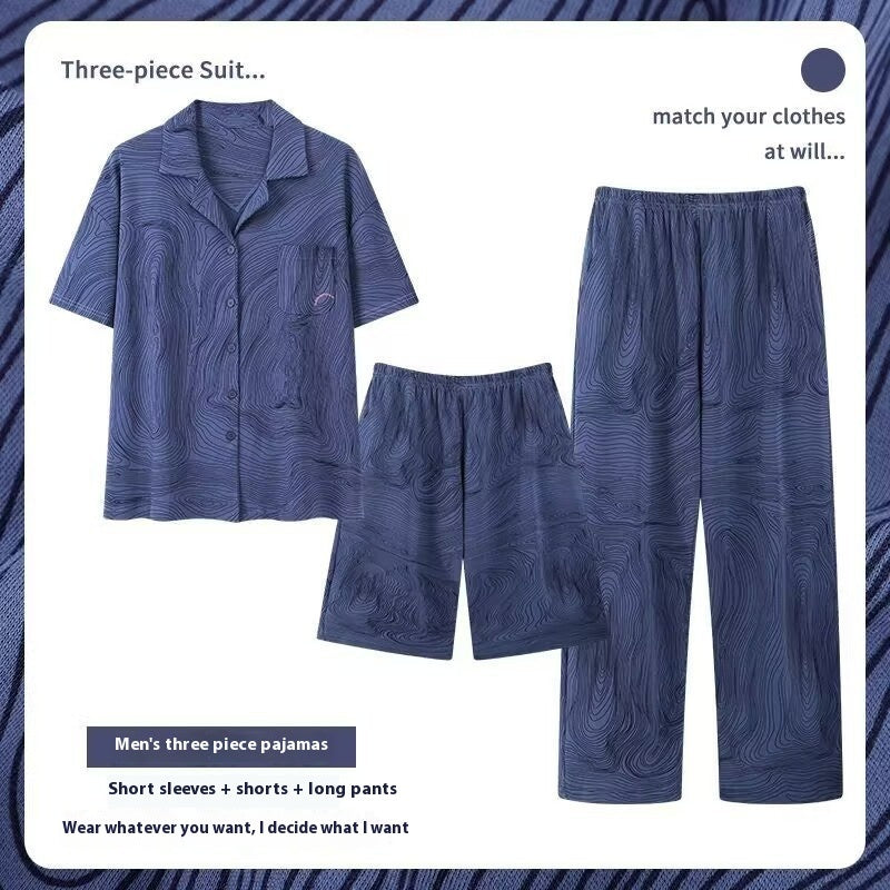 Three-piece Pajamas Men's Summer Pure Cotton Short Sleeve Trousers Suit