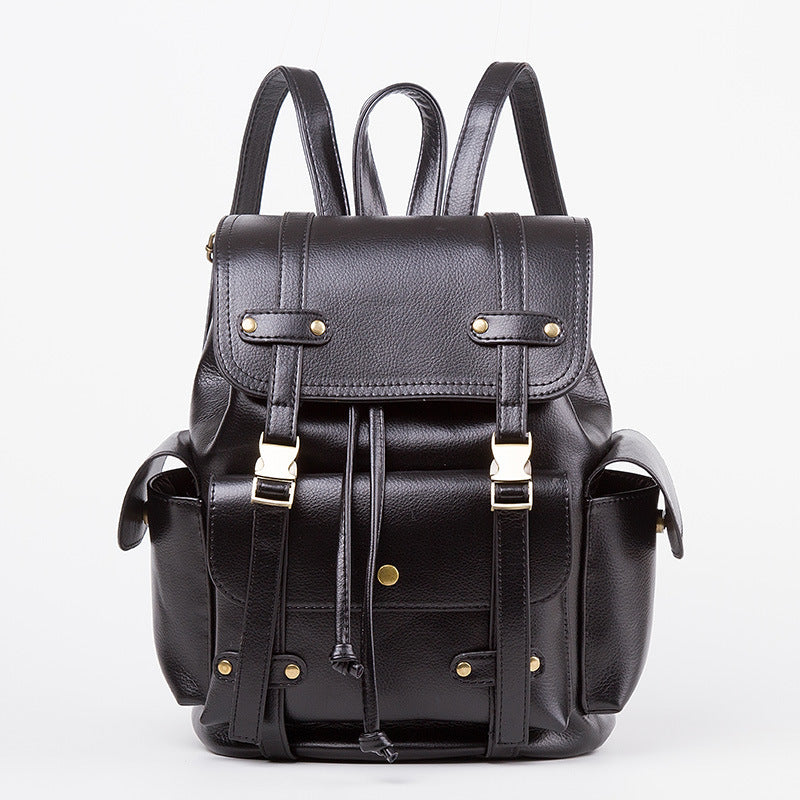 Women's Vintage PU Leather Motorcycle Backpack Drawstring
