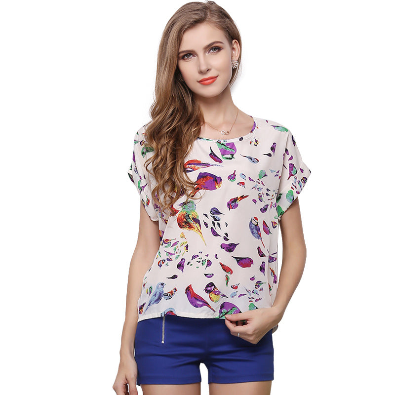 USA Size Loose Fit Chiffon Shirt – Short Sleeve Printed Blouse for Women (Plus Size)
