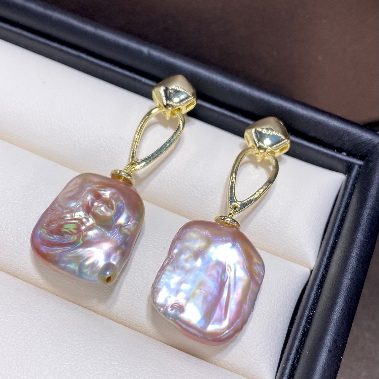 Colorful French Retro Natural Square Baroque Shaped Pearl Stud Earrings