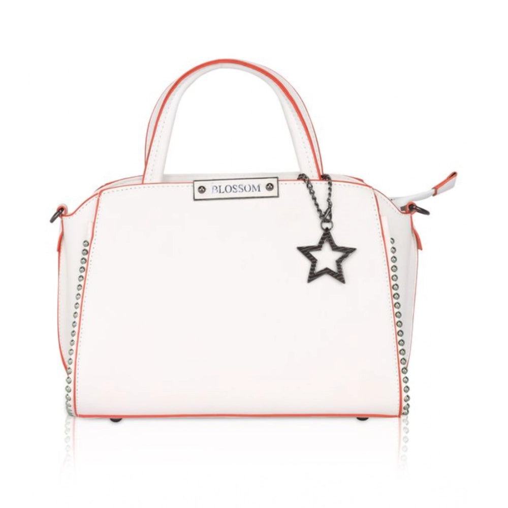 Women’s Faux Leather Handbag – Metal Beads Accent, White