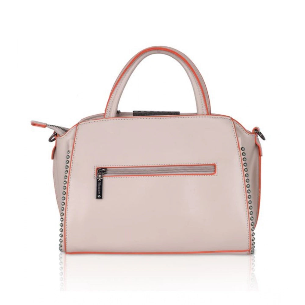 Women’s Faux Leather Handbag – Metal Beads Accent, Khaki