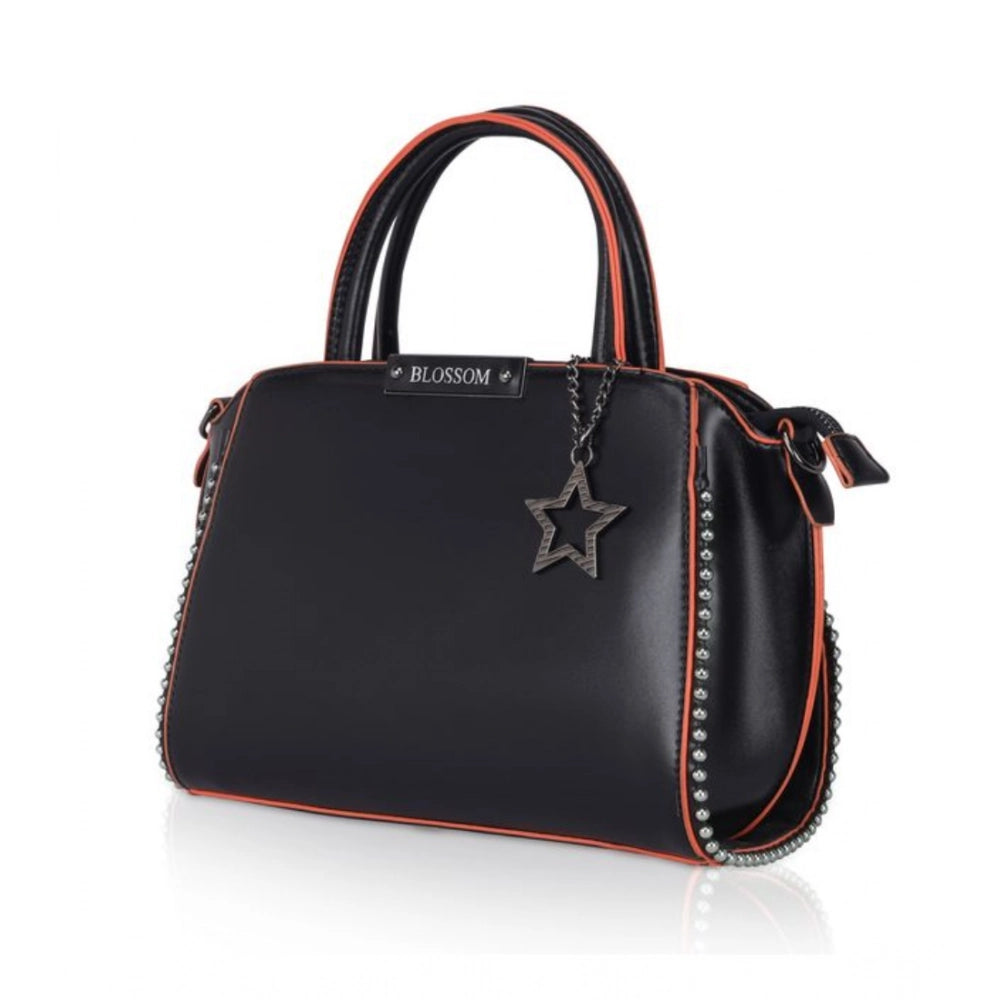 Women’s Faux Leather Handbag – Metal Beads Accent, Black