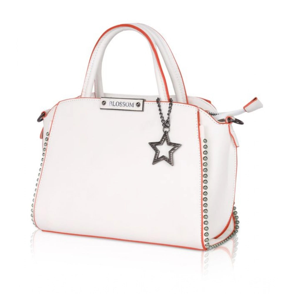 Women’s Faux Leather Handbag – Metal Beads Accent, White