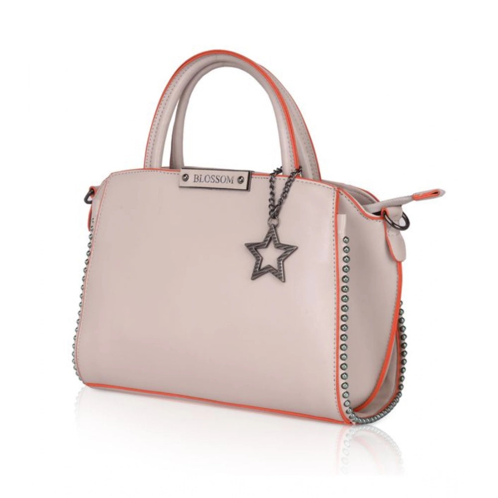 Women’s Faux Leather Handbag – Metal Beads Accent, Khaki