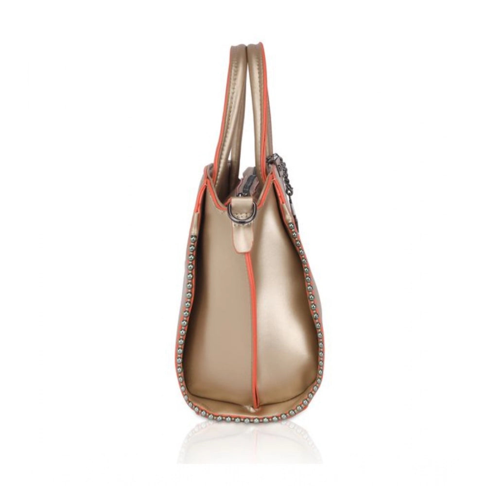 Women’s Faux Leather Handbag – Metal Beads Accent, Gold