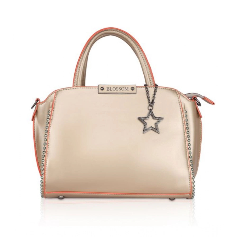Women’s Faux Leather Handbag – Metal Beads Accent, Gold