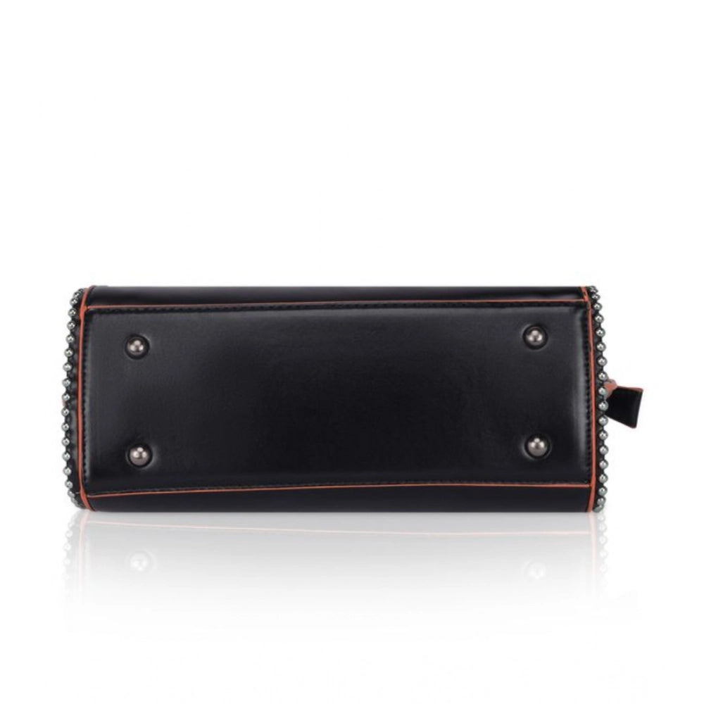 Women’s Faux Leather Handbag – Metal Beads Accent, Black