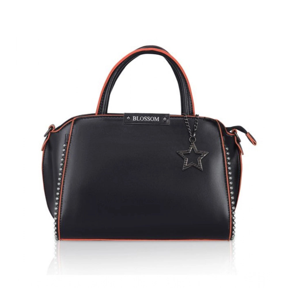 Women’s Faux Leather Handbag – Metal Beads Accent, Black