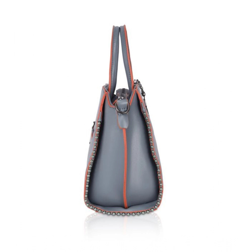Women’s Faux Leather Handbag – Metal Beads Accent, Grey