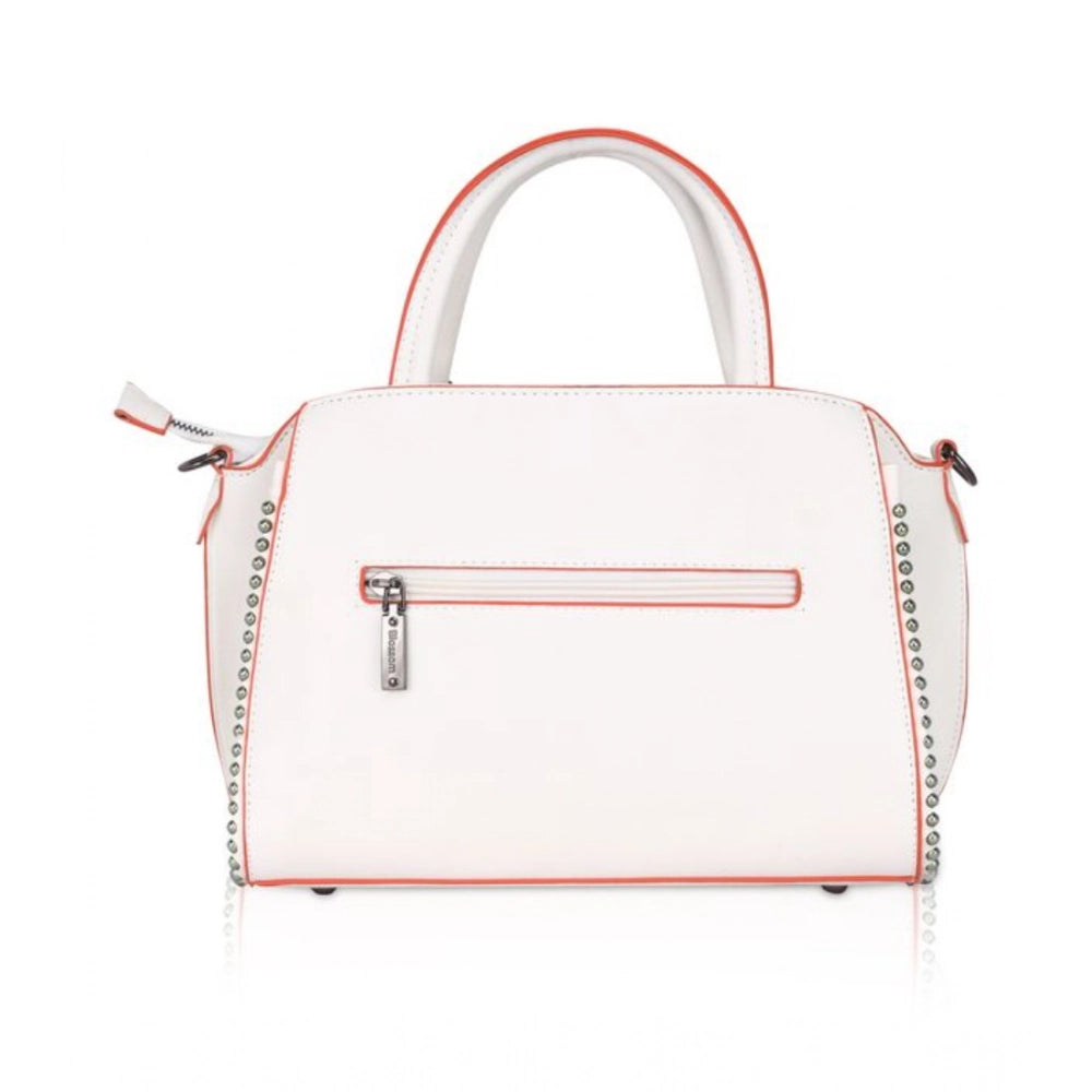 Women’s Faux Leather Handbag – Metal Beads Accent, White