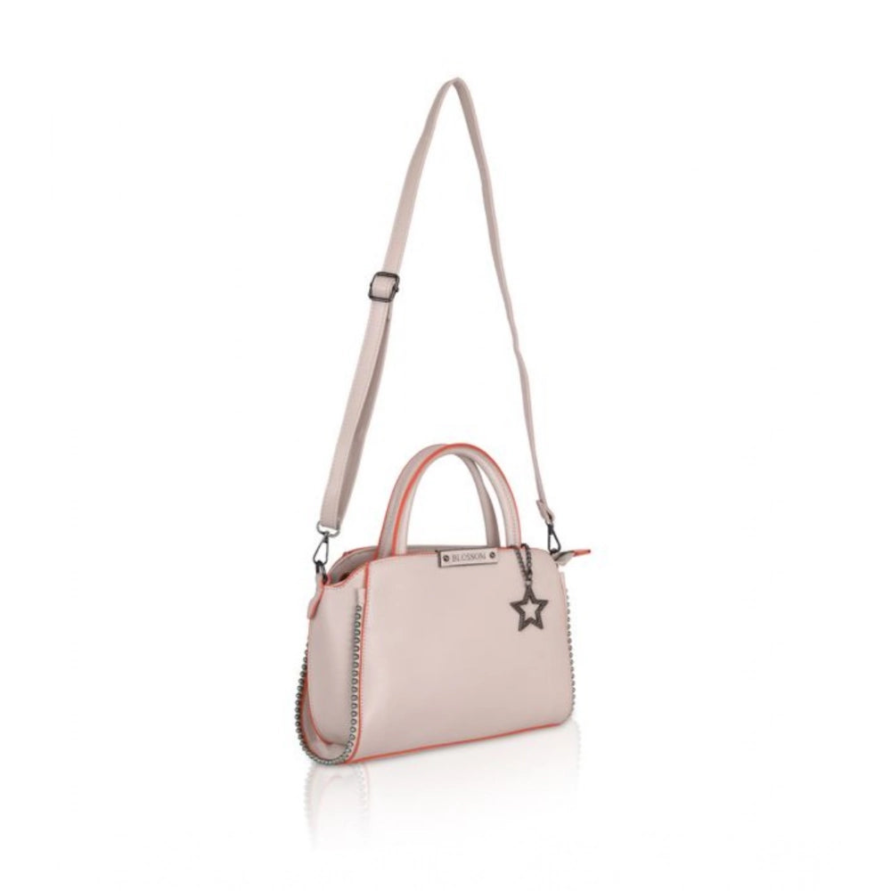 Women’s Faux Leather Handbag – Metal Beads Accent, Khaki