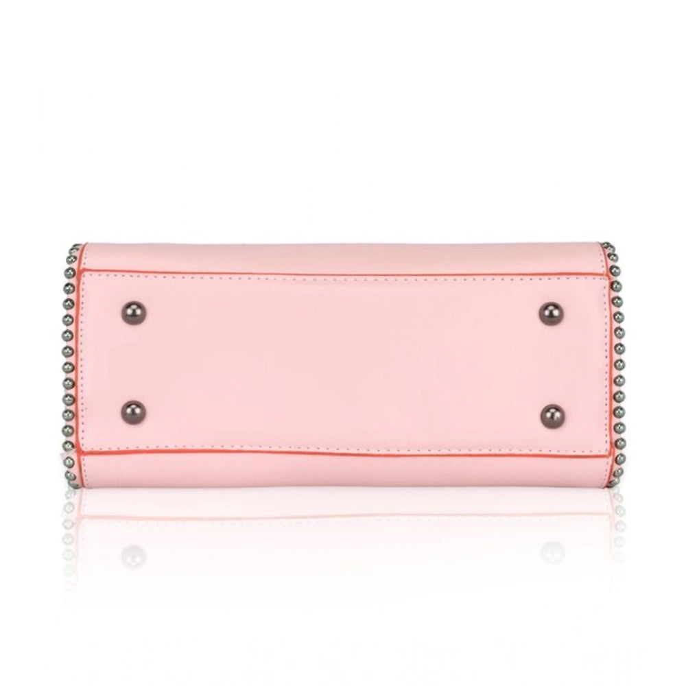 Women’s Faux Leather Handbag – Metal Beads Accent, Pink