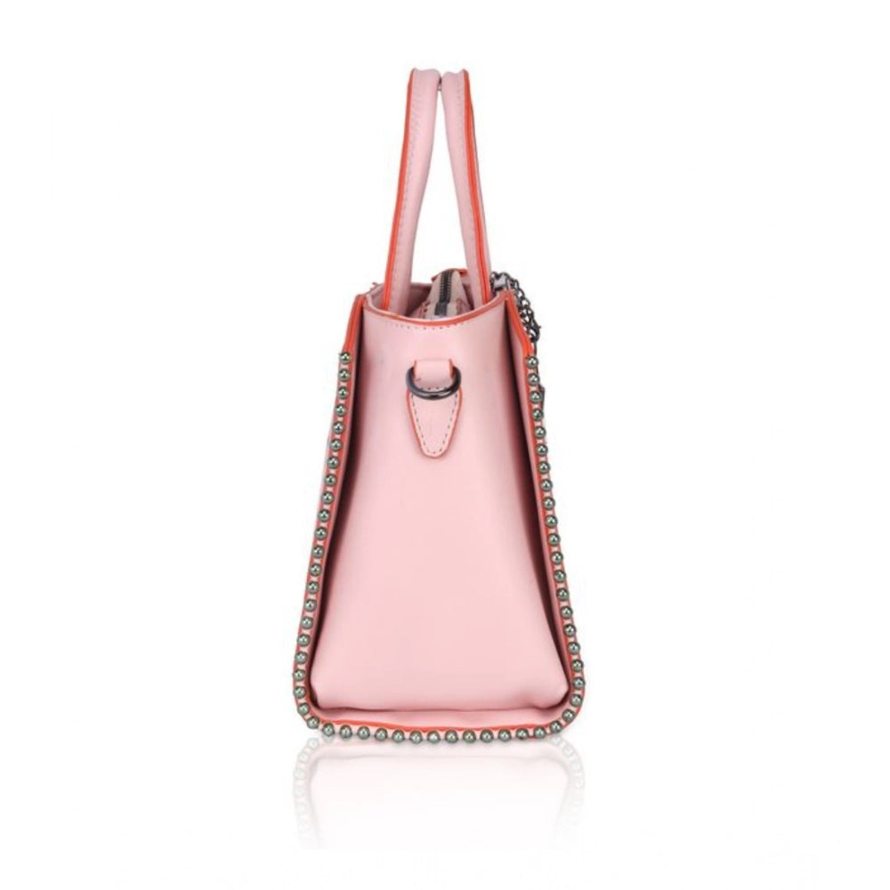 Women’s Faux Leather Handbag – Metal Beads Accent, Pink
