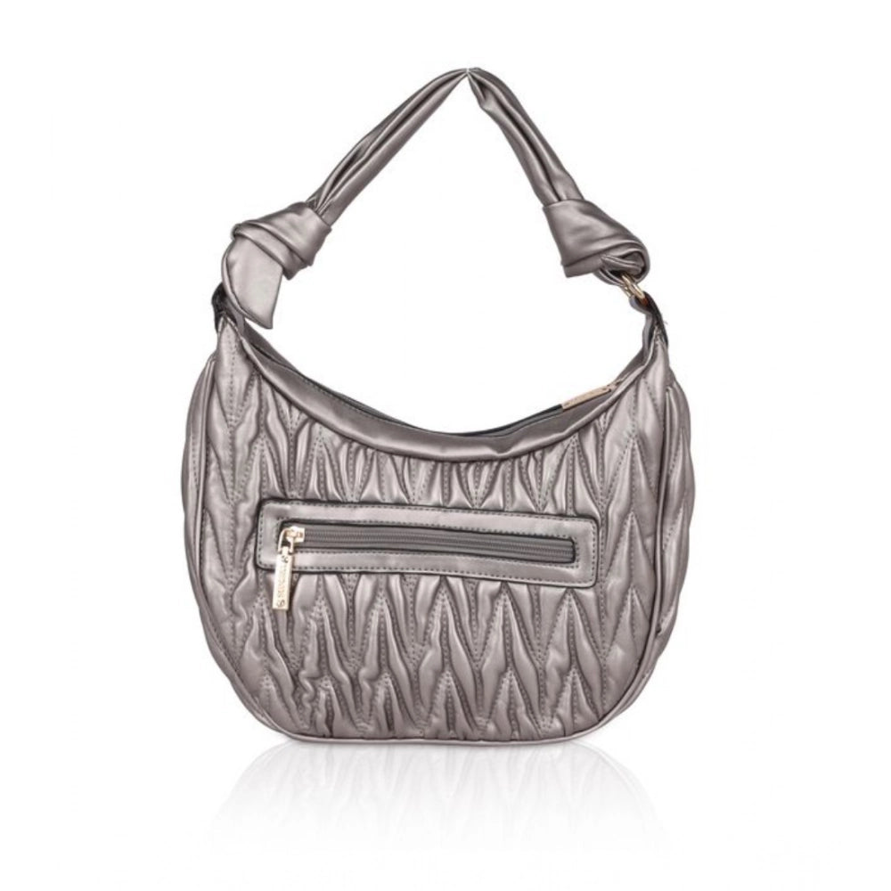 Women’s Faux Leather Textured Handbag – Silver Grey