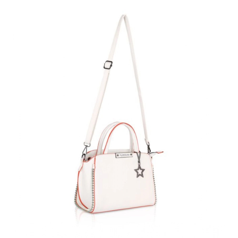 Women’s Faux Leather Handbag – Metal Beads Accent, White