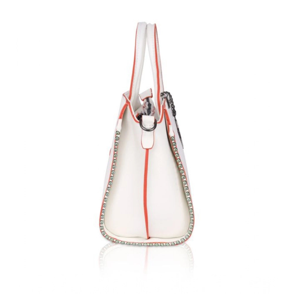 Women’s Faux Leather Handbag – Metal Beads Accent, White