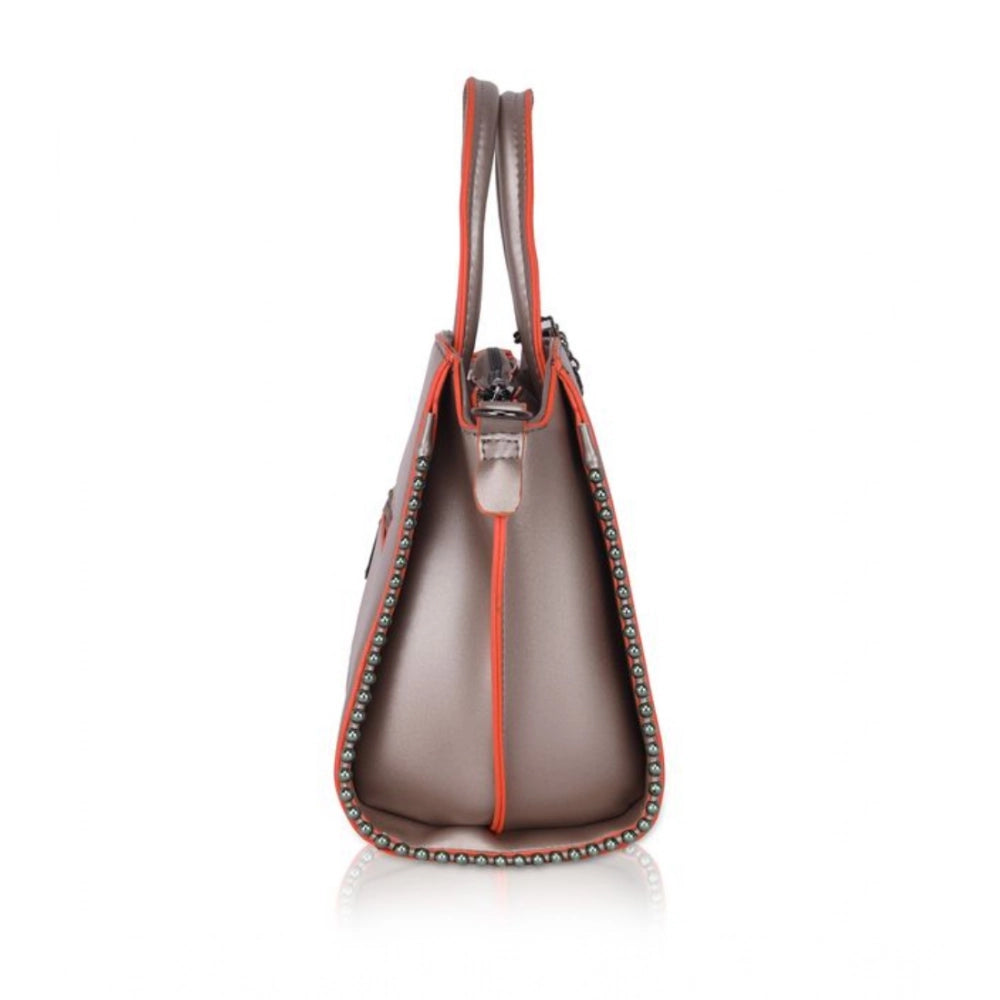 Women’s Faux Leather Handbag – Metal Beads Accent, Bronze