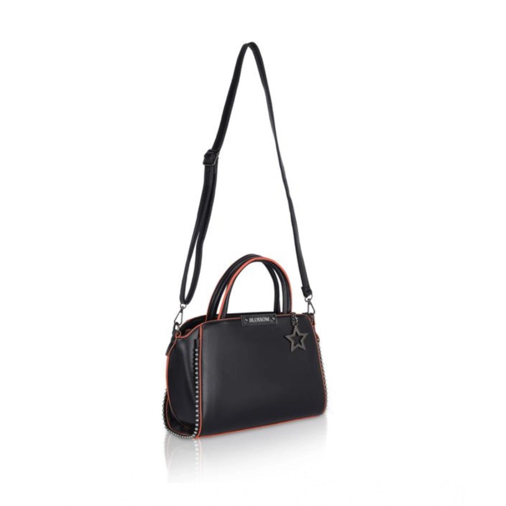 Women’s Faux Leather Handbag – Metal Beads Accent, Black