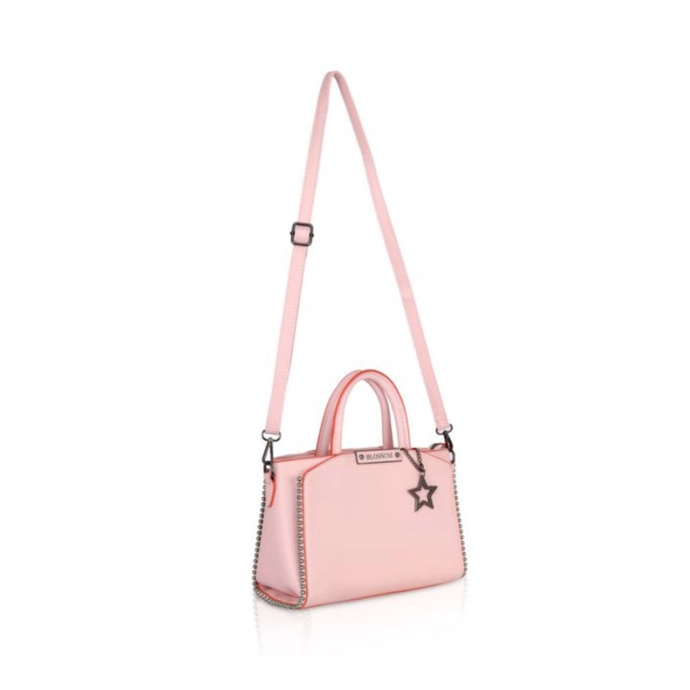 Women’s Faux Leather Handbag – Metal Beads Accent, Pink