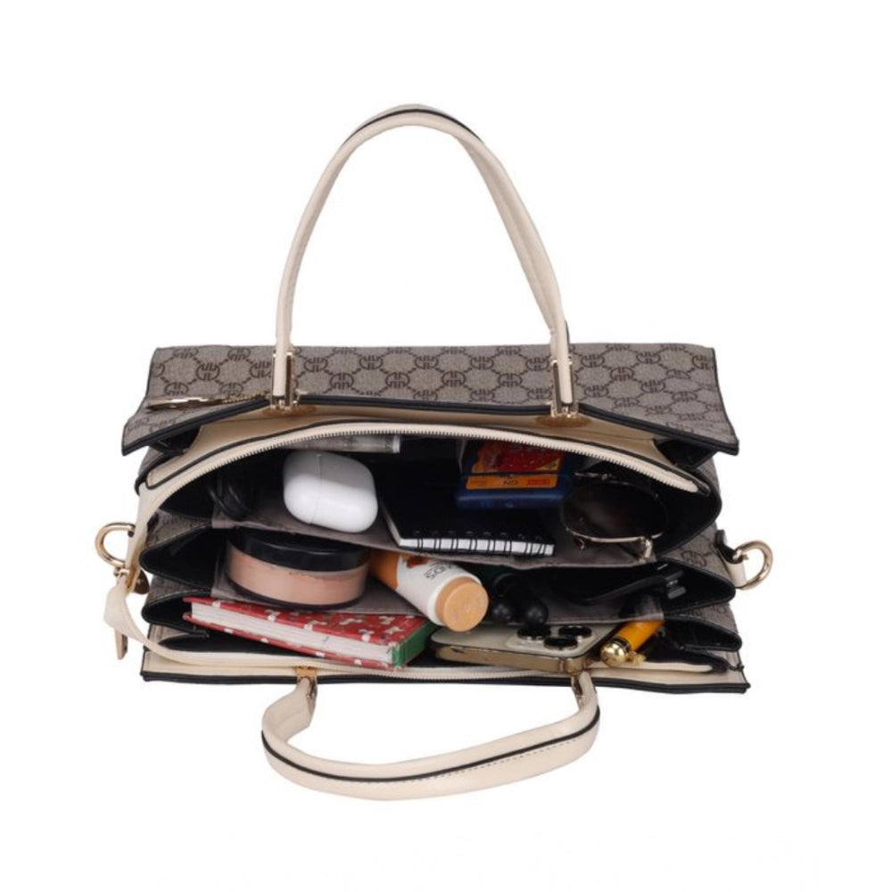 Women’s Faux Leather Printed Handbag – Beige Color