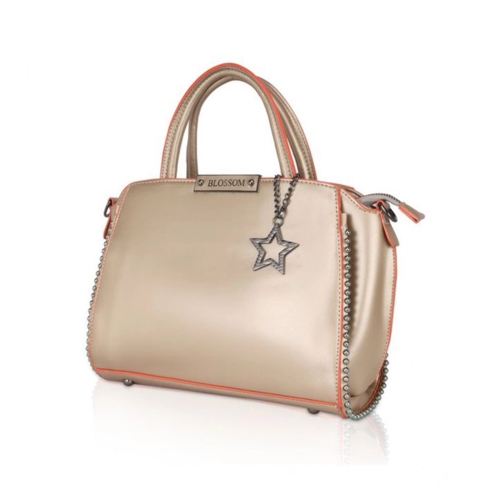 Women’s Faux Leather Handbag – Metal Beads Accent, Gold