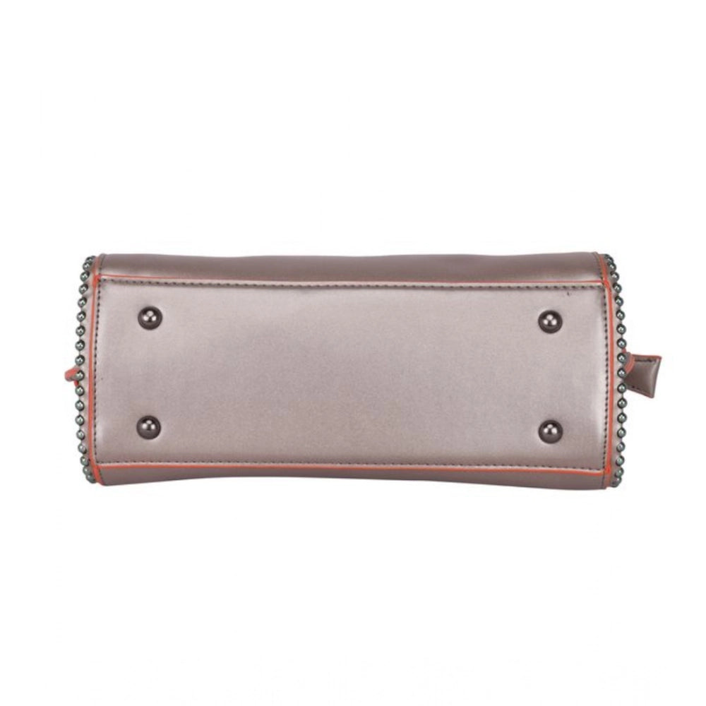 Women’s Faux Leather Handbag – Metal Beads Accent, Bronze