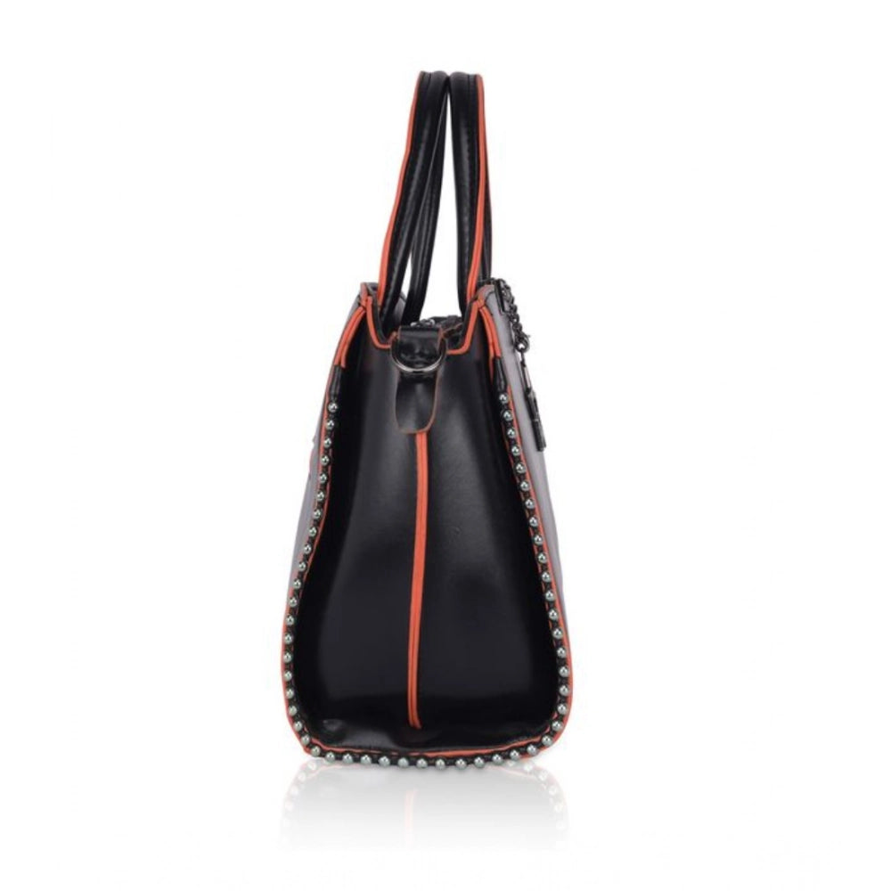 Women’s Faux Leather Handbag – Metal Beads Accent, Black